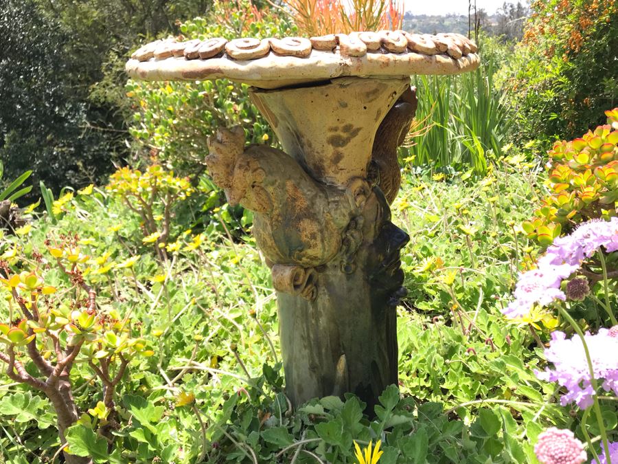 Sculptural Art Pottery Bird Bath With Human Faces And Hens 28H [Photo 2]