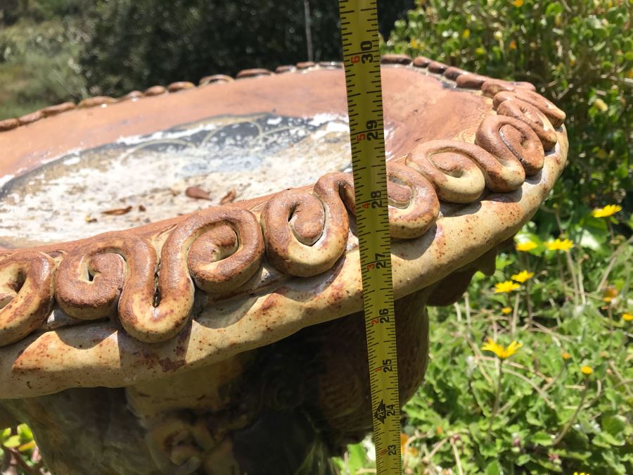 Sculptural Art Pottery Bird Bath With Human Faces And Hens 28H [Photo 12]