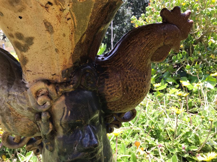 Sculptural Art Pottery Bird Bath With Human Faces And Hens 28H [Photo 7]