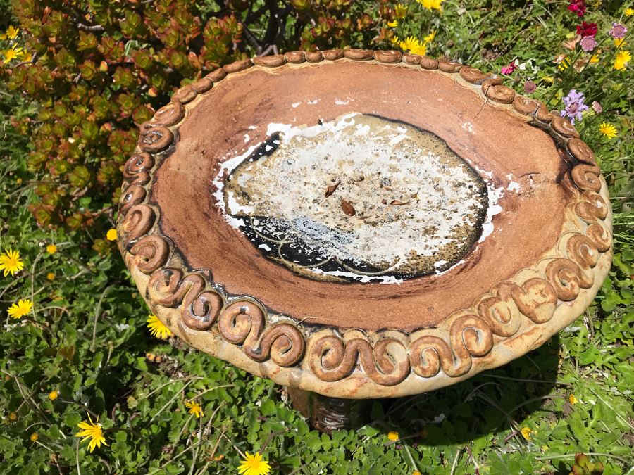 Sculptural Art Pottery Bird Bath With Human Faces And Hens 28H [Photo 10]