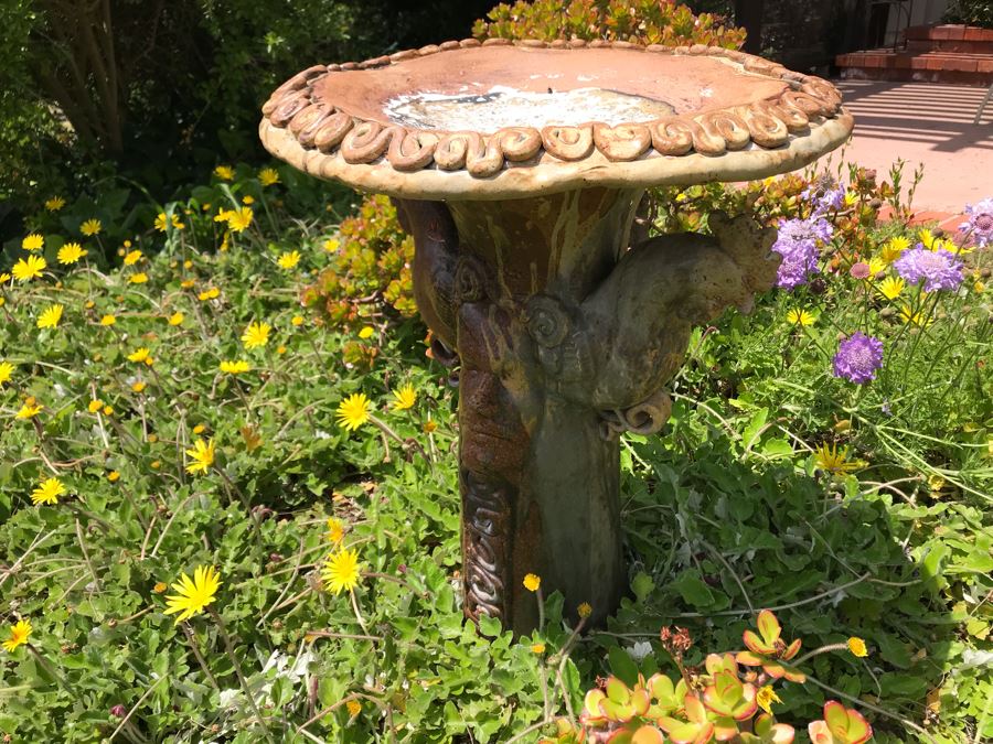 Sculptural Art Pottery Bird Bath With Human Faces And Hens 28H [Photo 11]