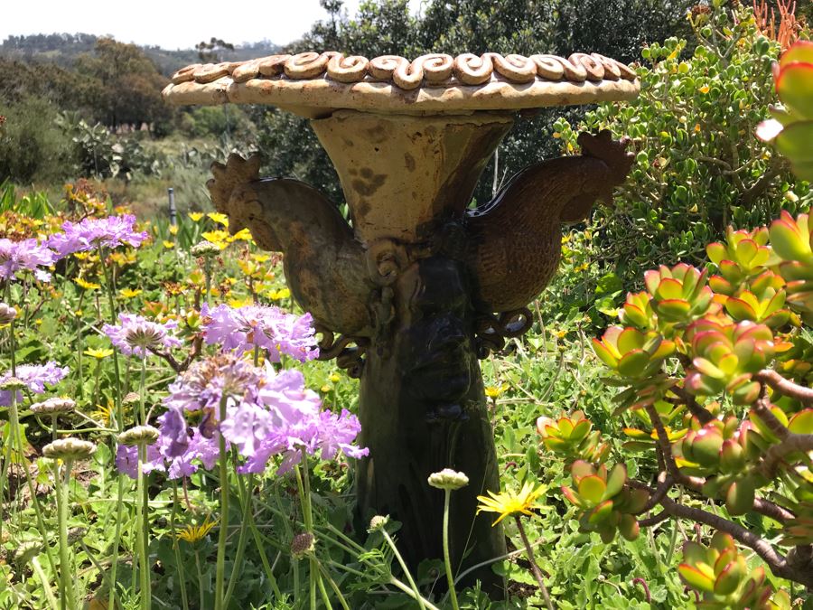 Sculptural Art Pottery Bird Bath With Human Faces And Hens 28H [Photo 3]