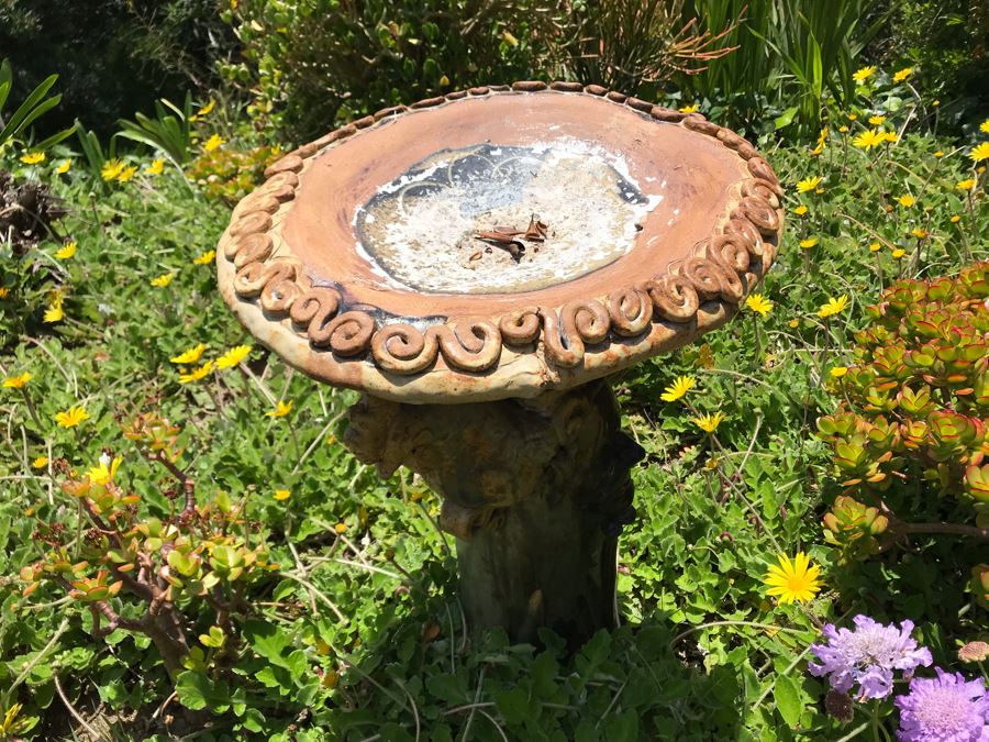 Sculptural Art Pottery Bird Bath With Human Faces And Hens 28H [Photo 4]