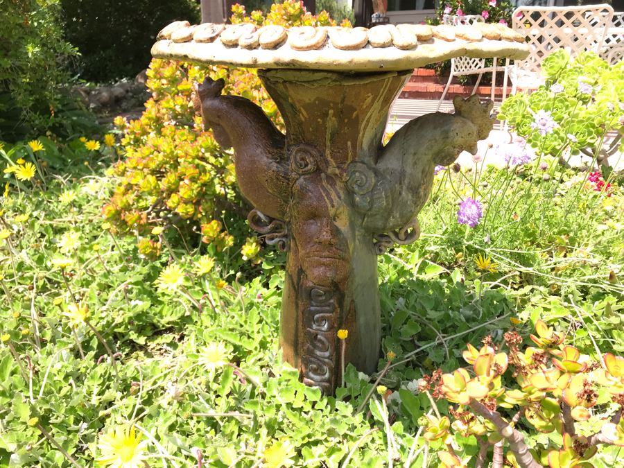 Sculptural Art Pottery Bird Bath With Human Faces And Hens 28H [Photo 1]