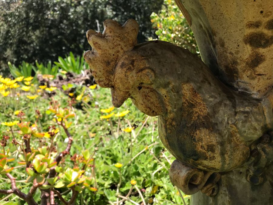 Sculptural Art Pottery Bird Bath With Human Faces And Hens 28H [Photo 6]