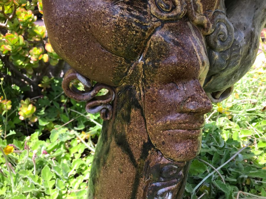 Sculptural Art Pottery Bird Bath With Human Faces And Hens 28H [Photo 8]