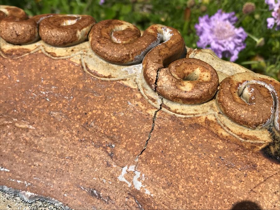 Sculptural Art Pottery Bird Bath With Human Faces And Hens 28H [Photo 9]