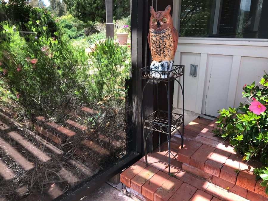 Metal 2-Tier Plant Stand 8W X 28H With Resin Owl Sculpture 16H [Photo 1]