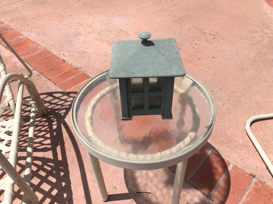 Vintage Brown Jordan Luxury Outdoor Furniture Tamiami Chaise Lounge, Chair And Ottoman, Round Side Table And Metal Candle Lantern [Photo 6]