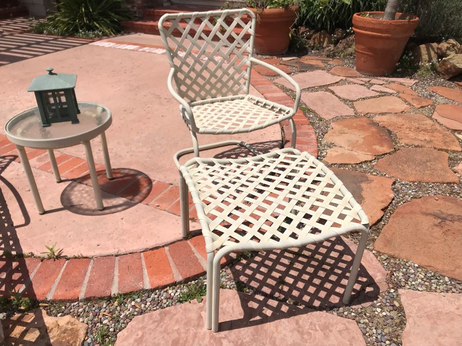 Vintage Brown Jordan Luxury Outdoor Furniture Tamiami Chaise Lounge, Chair And Ottoman, Round Side Table And Metal Candle Lantern [Photo 3]
