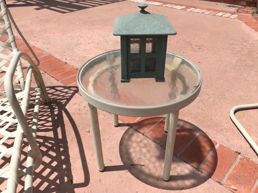 Vintage Brown Jordan Luxury Outdoor Furniture Tamiami Chaise Lounge, Chair And Ottoman, Round Side Table And Metal Candle Lantern [Photo 5]