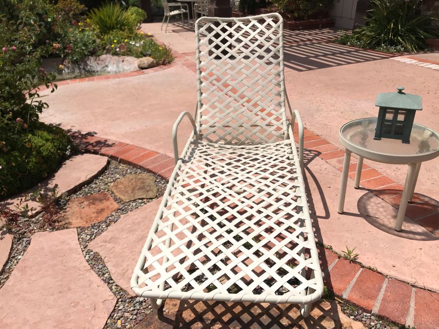 Vintage Brown Jordan Luxury Outdoor Furniture Tamiami Chaise Lounge, Chair And Ottoman, Round Side Table And Metal Candle Lantern [Photo 4]