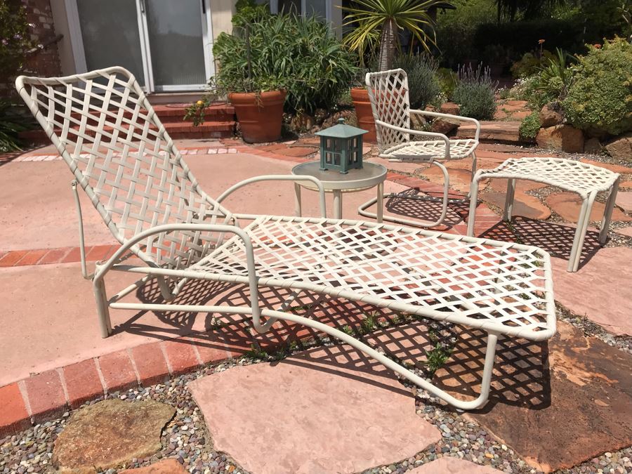 Vintage Brown Jordan Luxury Outdoor Furniture Tamiami Chaise Lounge, Chair And Ottoman, Round Side Table And Metal Candle Lantern