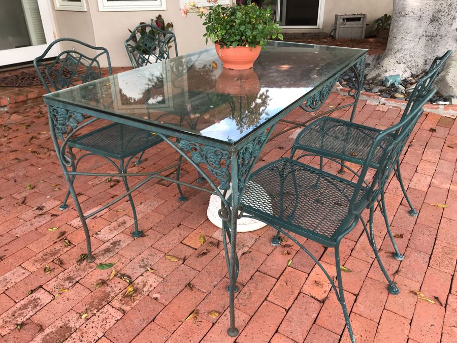 Wrought Iron Outdoor Patio Table With Glass Top And (4) Chairs 54W X 30D X 29.5H [Photo 5]