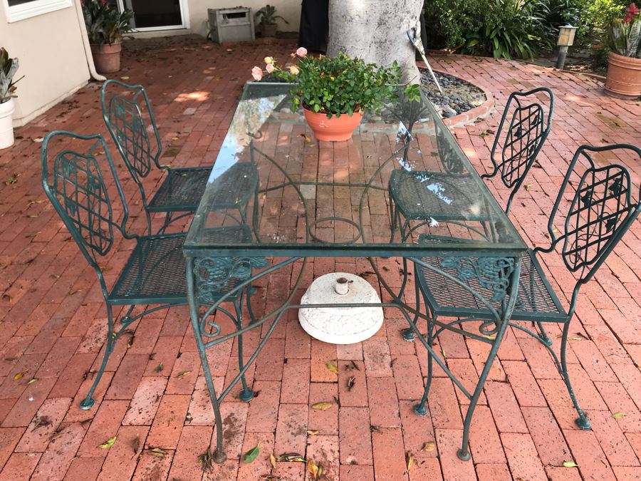 Wrought Iron Outdoor Patio Table With Glass Top And (4) Chairs 54W X 30D X 29.5H