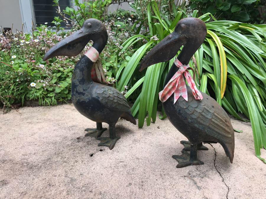 Pair Of Metal Pelican Garden Statuary Sculptures 12W X 16H