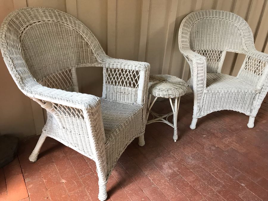 Pair Of Vintage Wicker Armchairs 30W With Small Side Table Painted White [Photo 5]