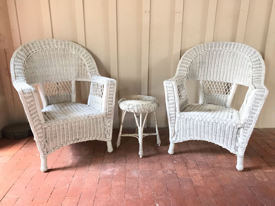 Pair Of Vintage Wicker Armchairs 30W With Small Side Table Painted White [Photo 1]
