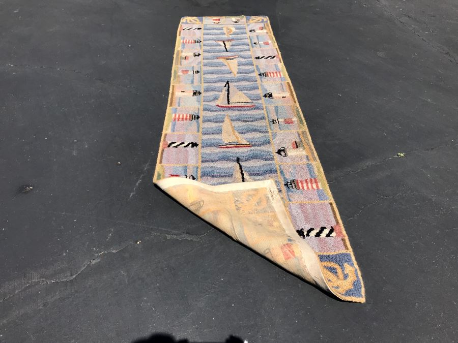 Hooked Runner Rug With Lighthouses Sailboats Nautical Motif 24.5W X 89L [Photo 4]