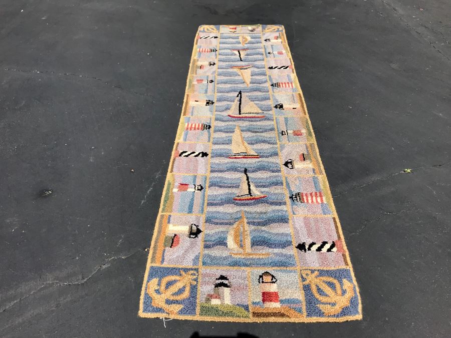 Hooked Runner Rug With Lighthouses Sailboats Nautical Motif 24.5W X 89L [Photo 2]