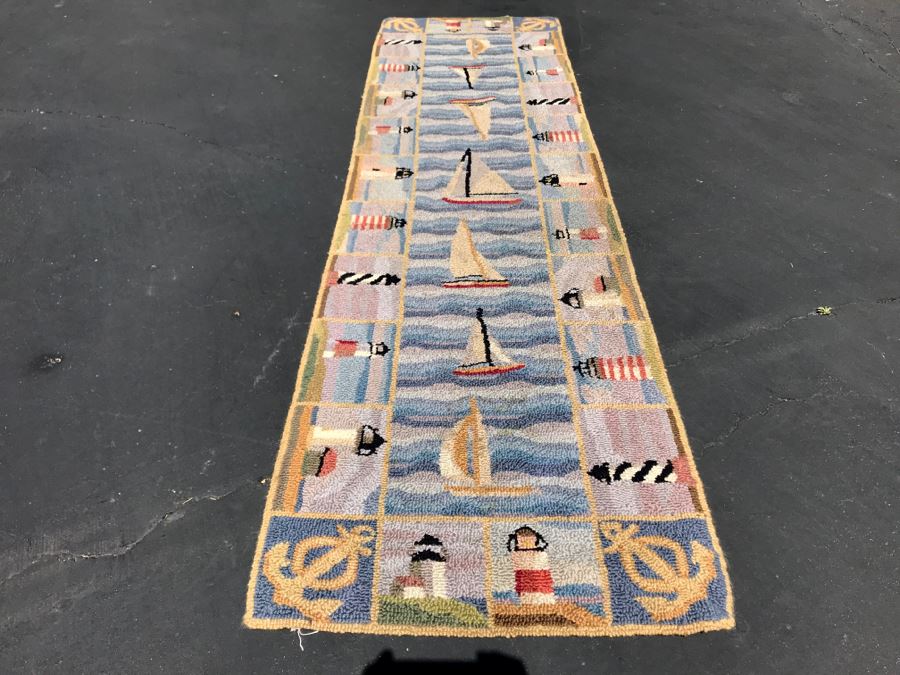 Hooked Runner Rug With Lighthouses Sailboats Nautical Motif 24.5W X 89L [Photo 1]
