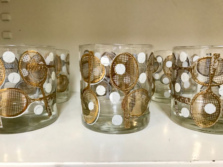Set Of (6) Vintage 1960s George Briard Tennis Motif Barware Glasses 3.5H [Photo 2]