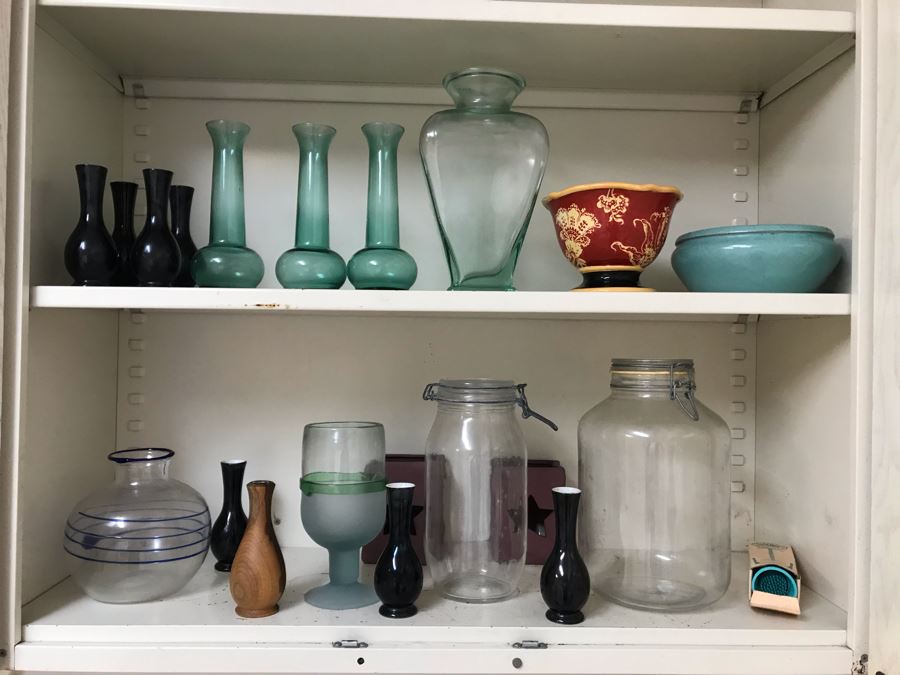 Collection Of Various Vases, Containers, Bowls, Flower Frogs (All Items Shown On Both Shelves) [Photo 2]