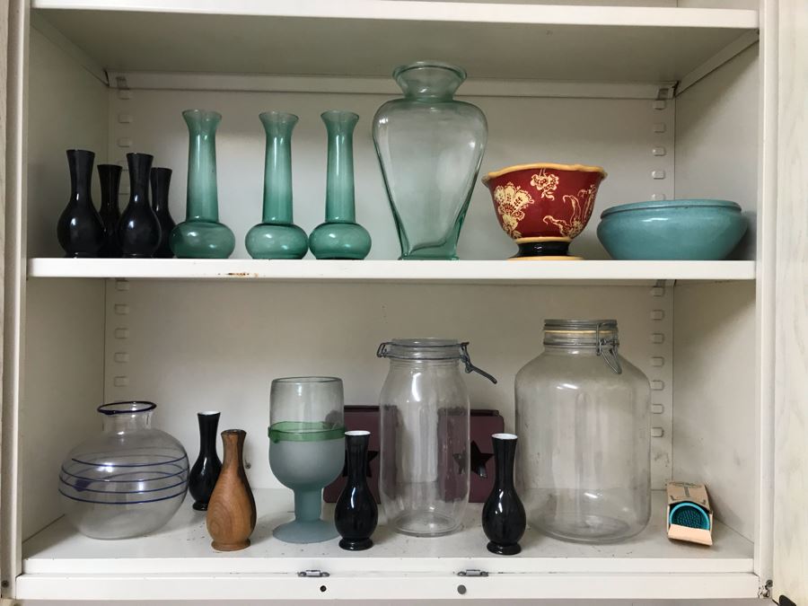 Collection Of Various Vases, Containers, Bowls, Flower Frogs (All Items Shown On Both Shelves) [Photo 1]