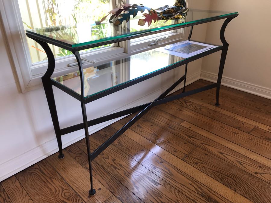 2-Tier Modern Metal Console Entry Table With Glass Tops 54W X 16D X 30H [Photo 4]