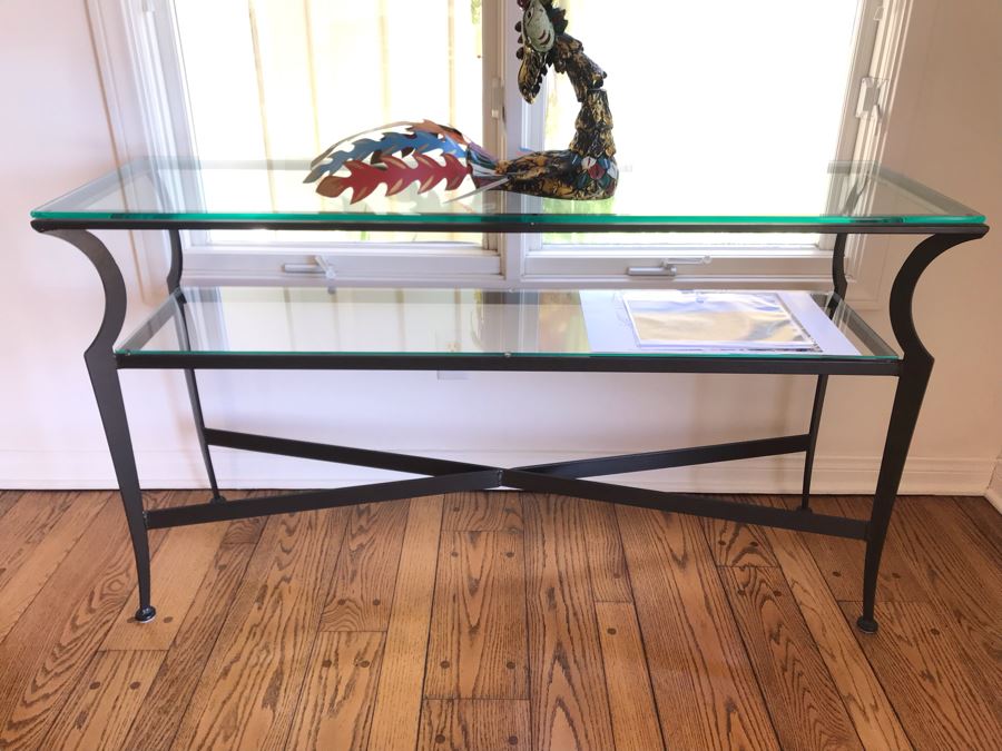 2-Tier Modern Metal Console Entry Table With Glass Tops 54W X 16D X 30H