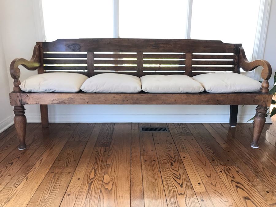 Long Primitive Wooden Bench With Cushions 78W X 22D X 33H [Photo 1]
