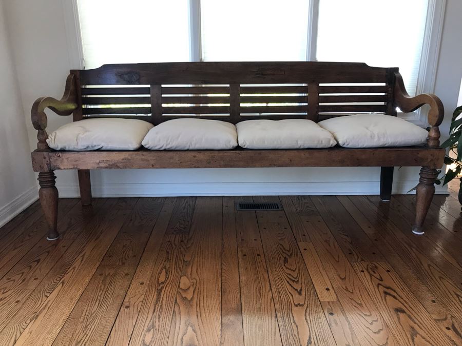 Long Primitive Wooden Bench With Cushions 78W X 22D X 33H