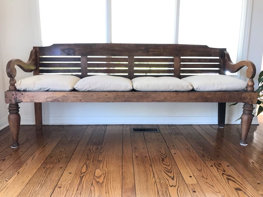 Long Primitive Wooden Bench With Cushions 78W X 22D X 33H