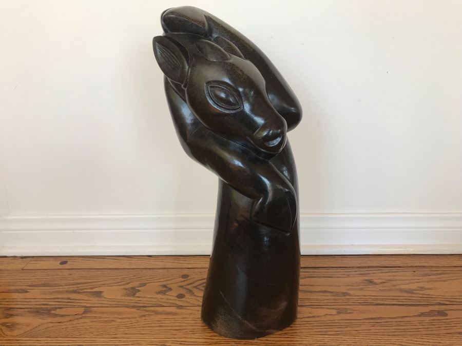 Large Impressive Carved Stone Animal Sculpture By Damian Manuhwa Signed D. Manuhwa Zimbabwe Carved Out Of Serpentine Stone 20H X 9W X 7D