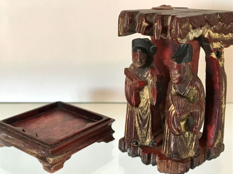 Vintage Wooden Carved Chinese Sculpture Seal With Stand 2.75W X 5H