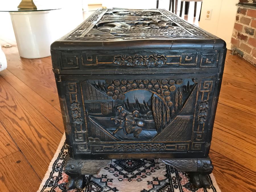 Vintage Chinese Relief Carved Wooden Chest Trunk 36W X 16D X 20H [Photo 9]