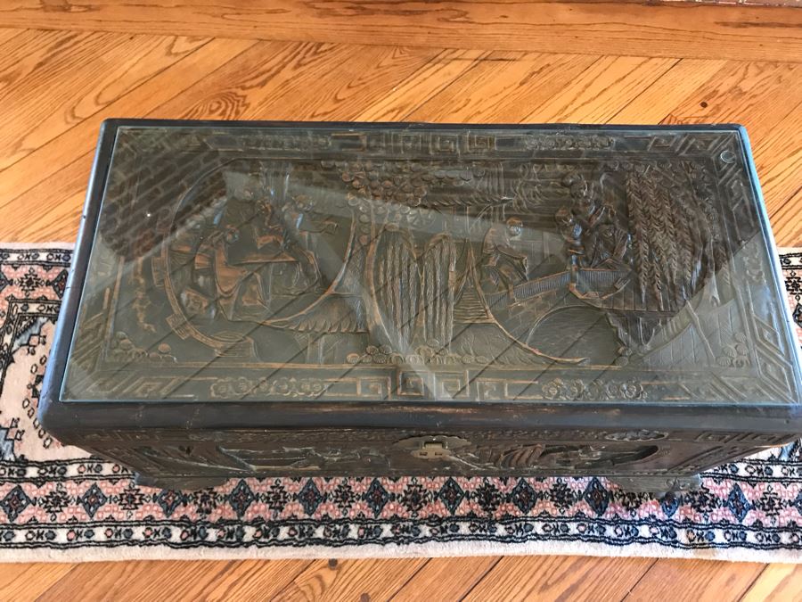 Vintage Chinese Relief Carved Wooden Chest Trunk 36W X 16D X 20H [Photo 5]