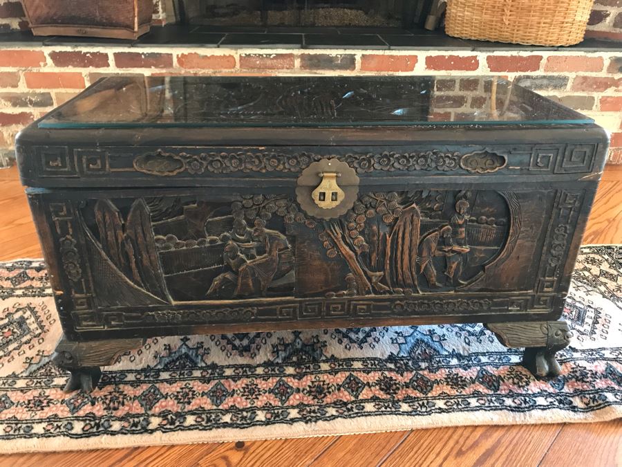 Vintage Chinese Relief Carved Wooden Chest Trunk 36W X 16D X 20H [Photo 2]