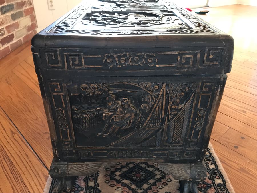 Vintage Chinese Relief Carved Wooden Chest Trunk 36W X 16D X 20H [Photo 12]