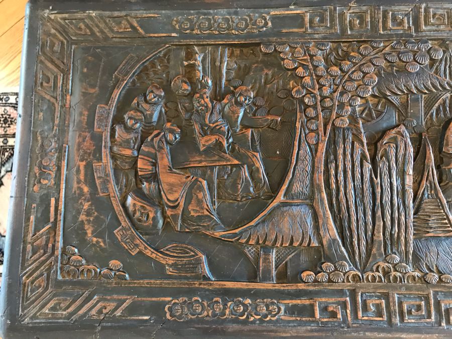 Vintage Chinese Relief Carved Wooden Chest Trunk 36W X 16D X 20H [Photo 7]