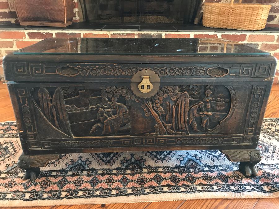 Vintage Chinese Relief Carved Wooden Chest Trunk 36W X 16D X 20H [Photo 1]