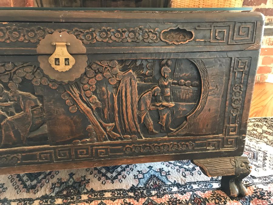 Vintage Chinese Relief Carved Wooden Chest Trunk 36W X 16D X 20H [Photo 4]
