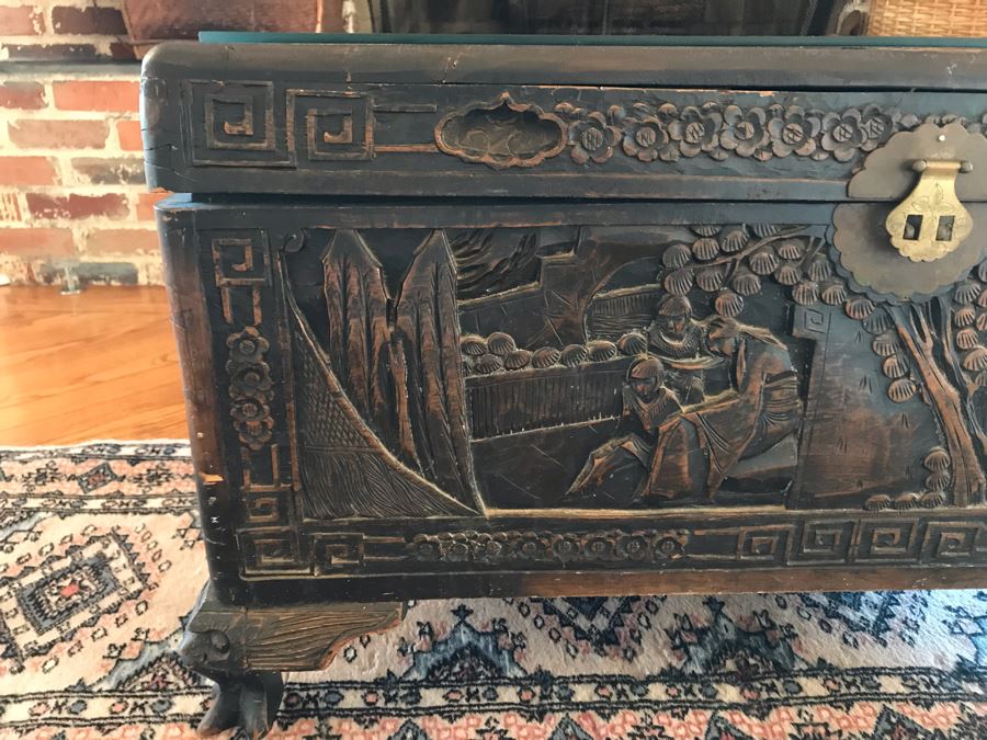Vintage Chinese Relief Carved Wooden Chest Trunk 36W X 16D X 20H [Photo 3]