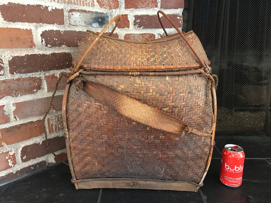 Vintage Chinese Handled Basket 19W X 13D X 22H