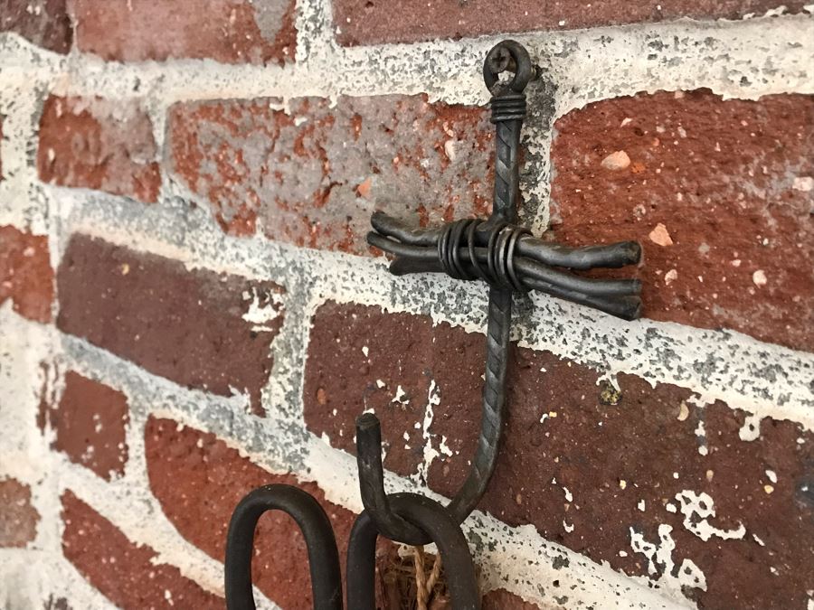 JUST ADDED - Old Stick Broom, Metal Cross Wall Hook, Old Cast Iron Tongs And Brass Wall Holder [Photo 4]