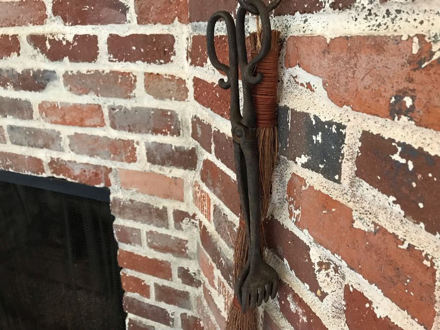 JUST ADDED - Old Stick Broom, Metal Cross Wall Hook, Old Cast Iron Tongs And Brass Wall Holder [Photo 2]