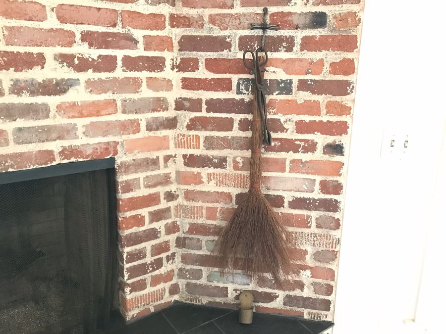 JUST ADDED - Old Stick Broom, Metal Cross Wall Hook, Old Cast Iron Tongs And Brass Wall Holder