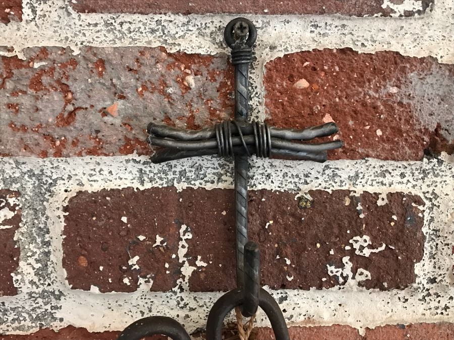 JUST ADDED - Old Stick Broom, Metal Cross Wall Hook, Old Cast Iron Tongs And Brass Wall Holder [Photo 5]