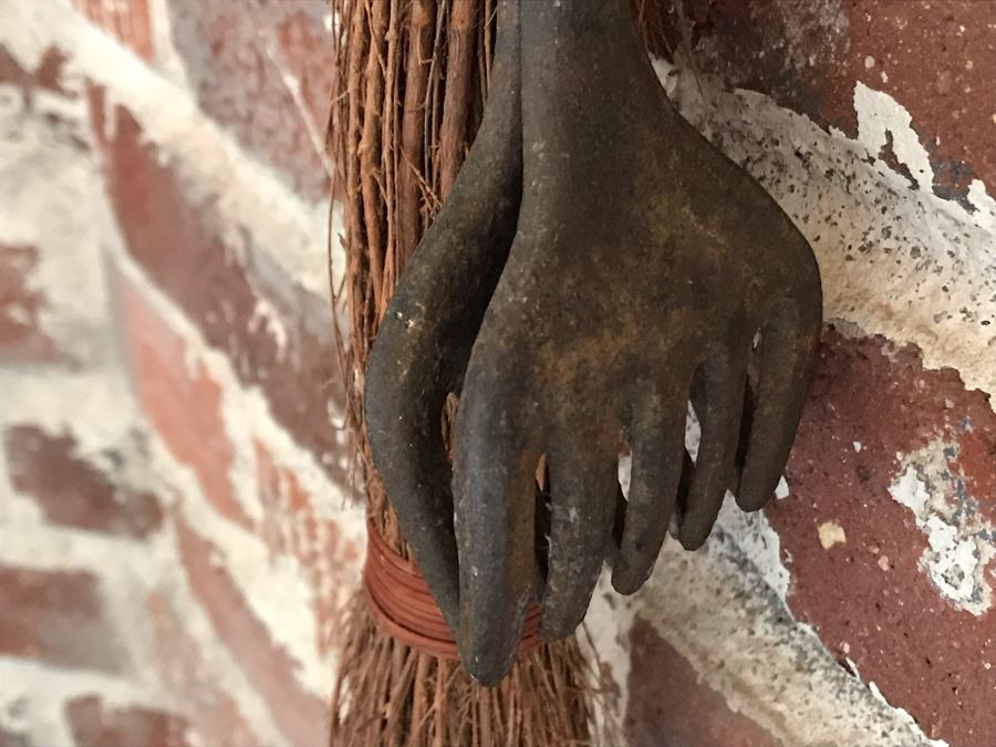 JUST ADDED - Old Stick Broom, Metal Cross Wall Hook, Old Cast Iron Tongs And Brass Wall Holder [Photo 3]