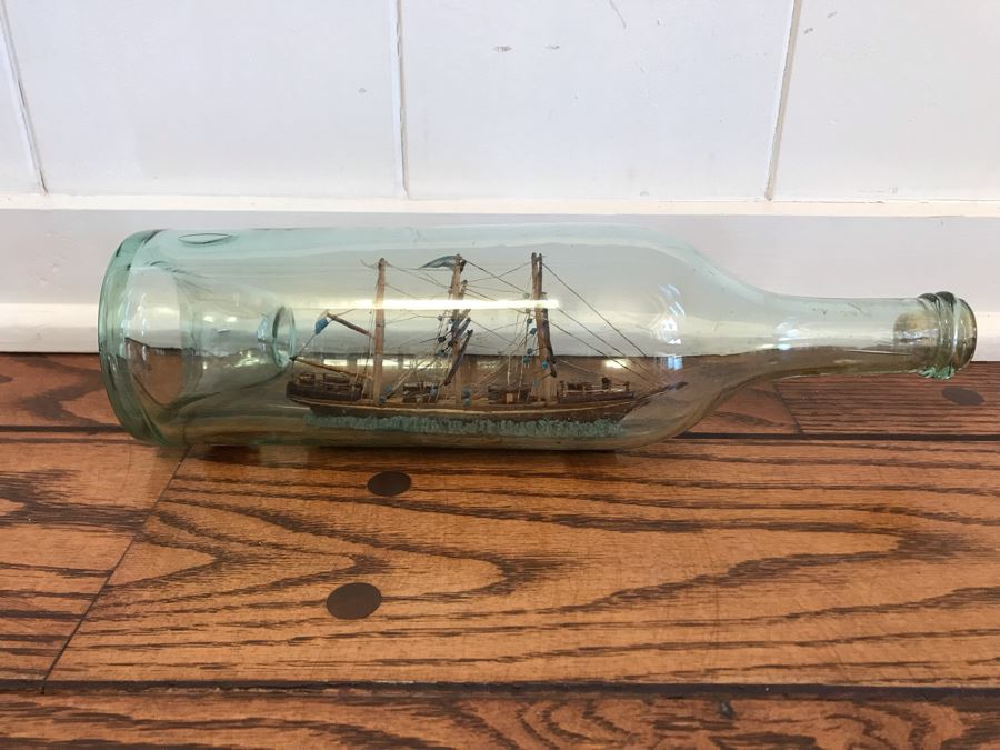 Vintage Wooden Ship Model In A Bottle 12W X 3.5H